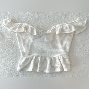 Caution to the Wind White Ruffled Off-Shoulder Top